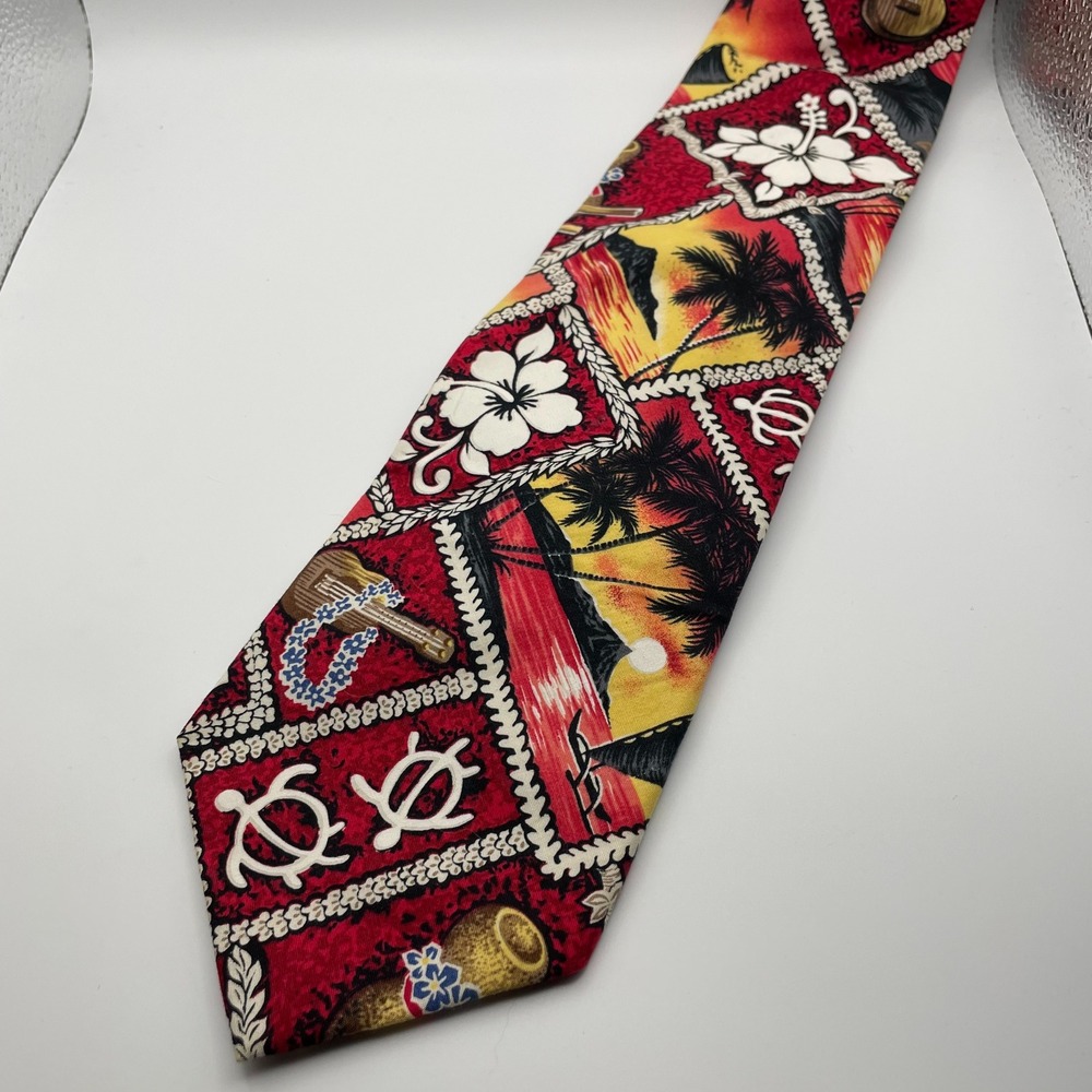 Pacific Legend Hawaiian Tropical Tiki Ukulele Turtle Sunset Mens Neck Tie Cotton